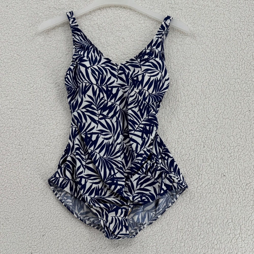 SeaWaves One Piece Swimsuit  Women Size 14 Navy Blue White Palm Leaf V-Neck